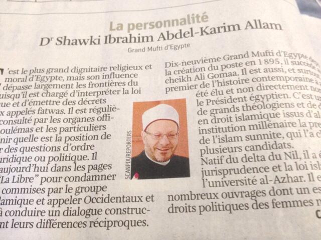 The Grand Mufti makes the headline of the famous “La Libre” newspaper in Belgium