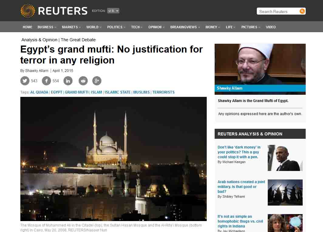 Egypt’s Grand Mufti to Reuters: No justification for terror in any religion