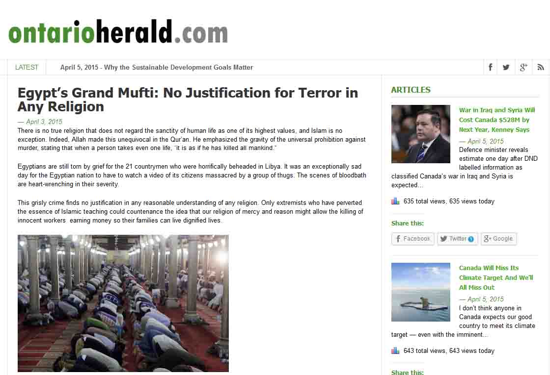 The Grand Mufti talks about combating radical extremist ideologies in Canadian newspapers 